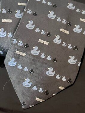 Moschino Collectors Item Necktie Silk Jacquard Rubber Ducky Duck Black Tie Gray